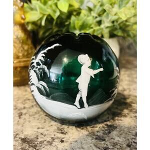 Vintage Mary Gregory Emerald Green Enamel Hand Painted Rose Bowl 3” Blown Glass